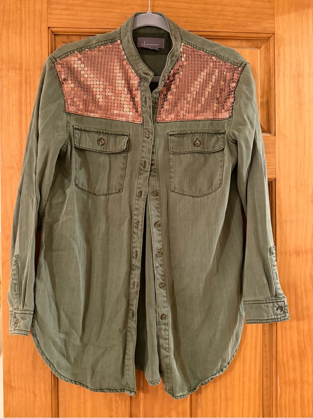 Sequin-Trim Olive Green Button-Front women’s Shirt